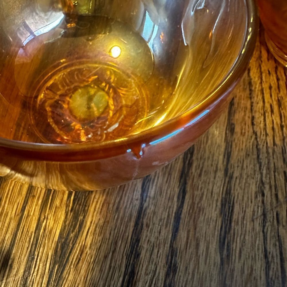 Jeanette Marigold Carnival iridescent orange egg nog glass bowl glasses - Picture 5 of 10